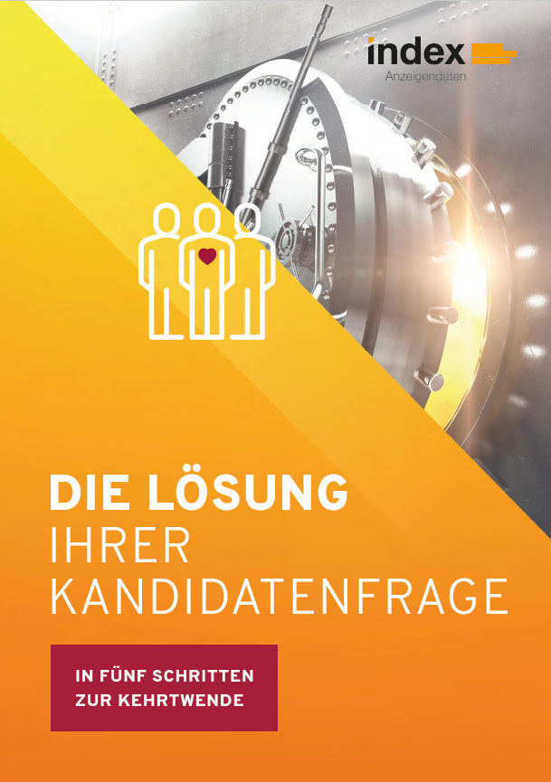 Titelbild eines Whitepapers mit dem Titel ‚Die Lösung Ihrer Kandidatenfrage – in fünf Schritten zur Kehrtwende‘. Im Hintergrund ein geöffnetes Tresor-Tor mit Lichteinfall, im Vordergrund ein Symbol für Teamarbeit mit hervorgehobener Person – sinnbildlich für erfolgreiche Personalgewinnung.