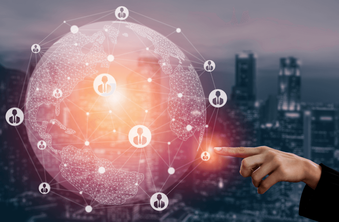 eine virtuelle Darstellung des Planeten, bestehend aus virtuellen Bewerberprofilen und einer Hand, die auf einen von ihnen zeigt eine virtuelle Darstellung des Planeten, bestehend aus virtuellen Bewerberprofilen und einer Hand, die auf einen von ihnen zeigt