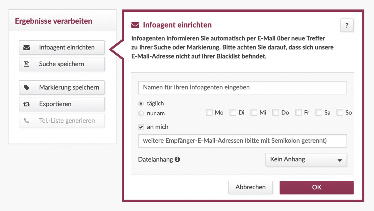 Anzeigendaten: Infoagent einrichten