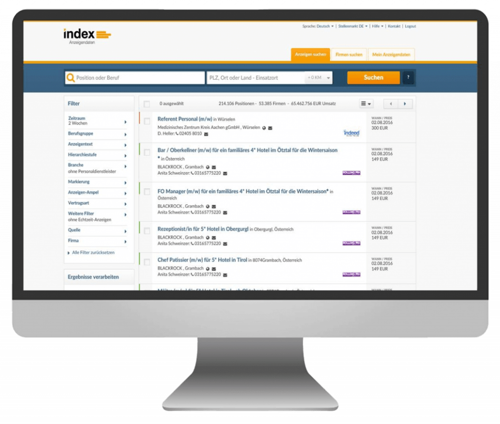 Screenshot Index Anzeigendaten Vertriebssystem Beispiel Filter mit unterschiedlichen Filteroptionen