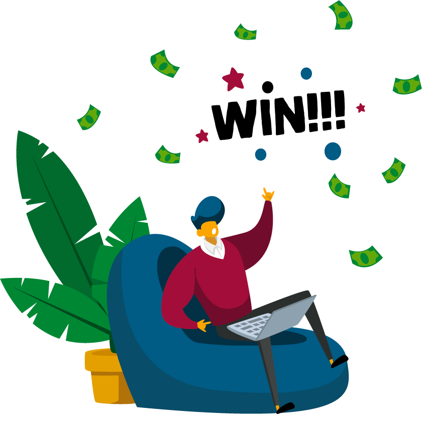 eine Illustration zeigt einen Mann, der in einem Sessel mit einem Laptop sitzt und Geldscheine in die Luft wirft.