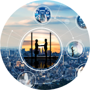 Mehere Bilder in Kreisformen vor einem Stadtbild