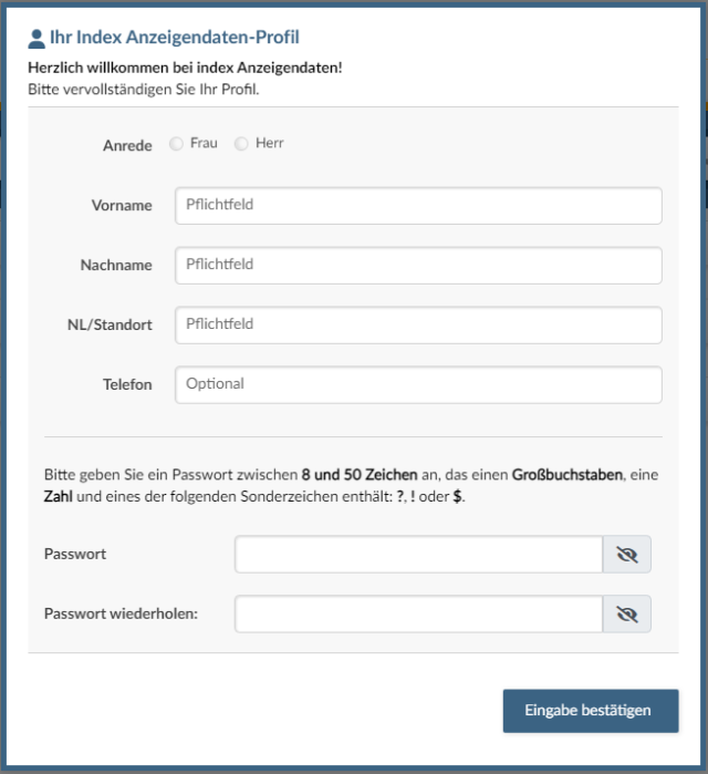 Ihr-index-Anzeigendaten-Profil Fenster mit Aufschrift Ihr Index Anzeigendaten-Profil