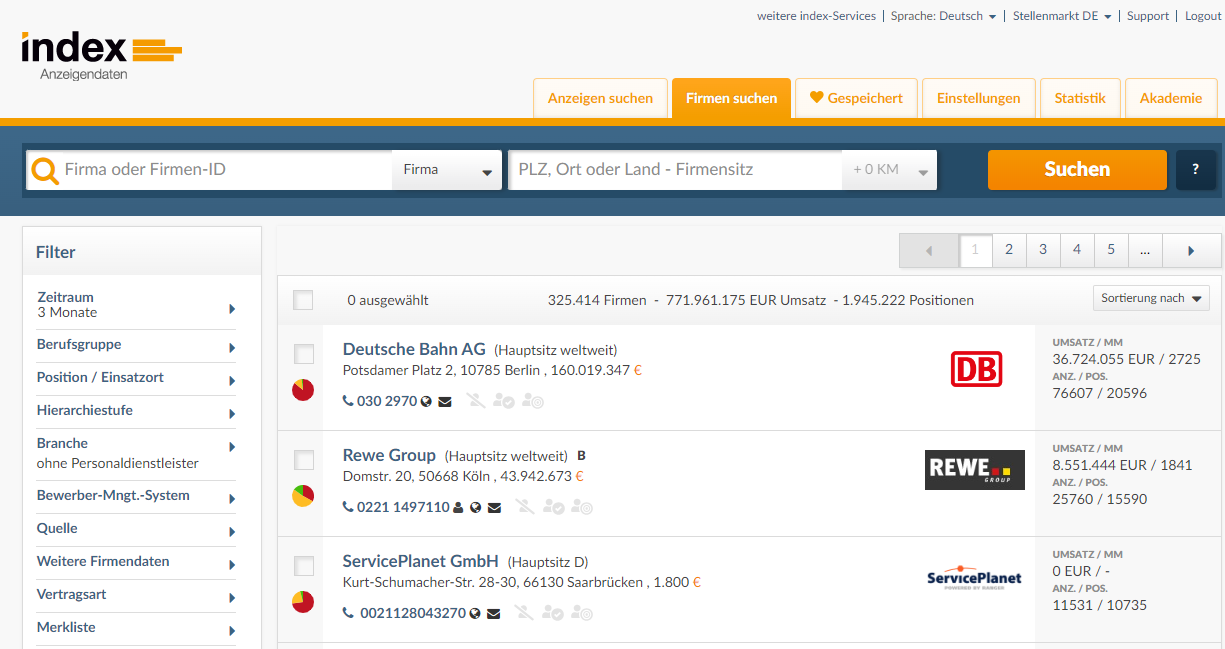 AZD-Firmen-suchen-allgemeine-Ansicht Reiter "Firmen suchen" in der index Anzeigendaten-Ansicht