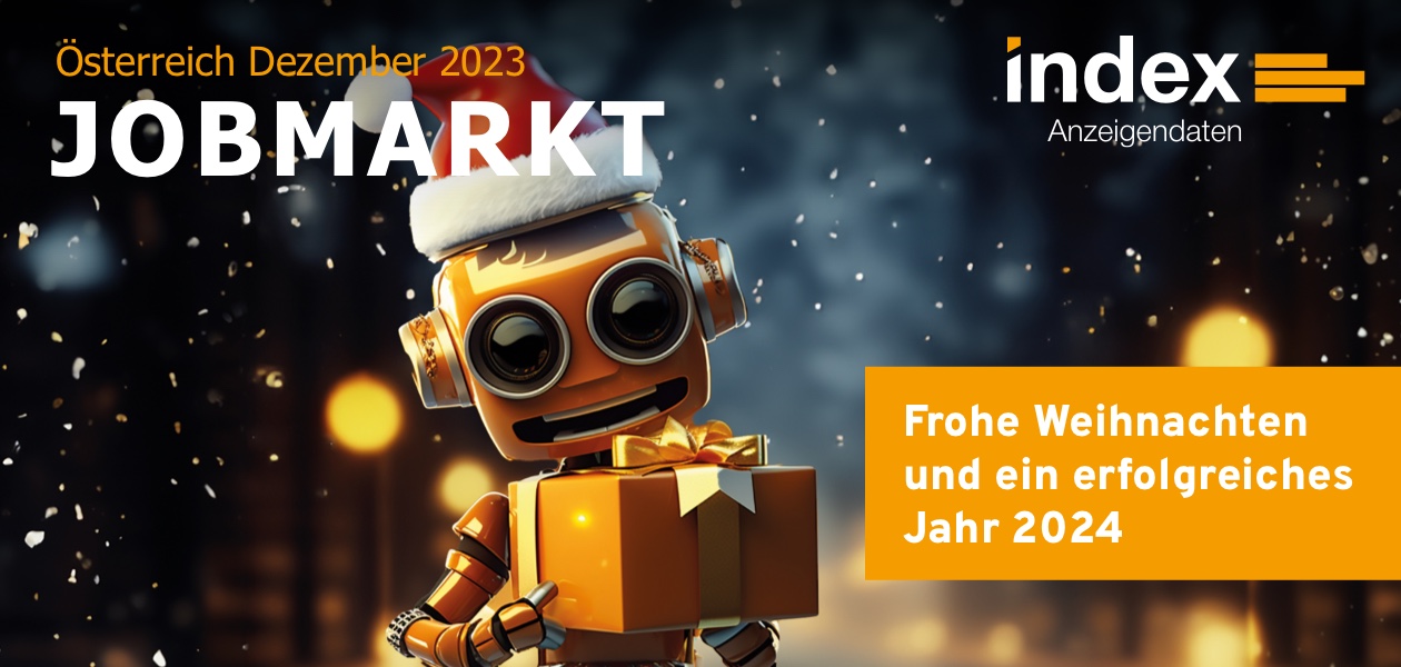 Header Jobmarkt Newsletter Dezember 2023 mit der Aufschrift Frohe Weihnachten und ein erfolgreiches Jahr 2024 und einem Roboter mit Weihnachtsmütze und Geschenk in der Hand.