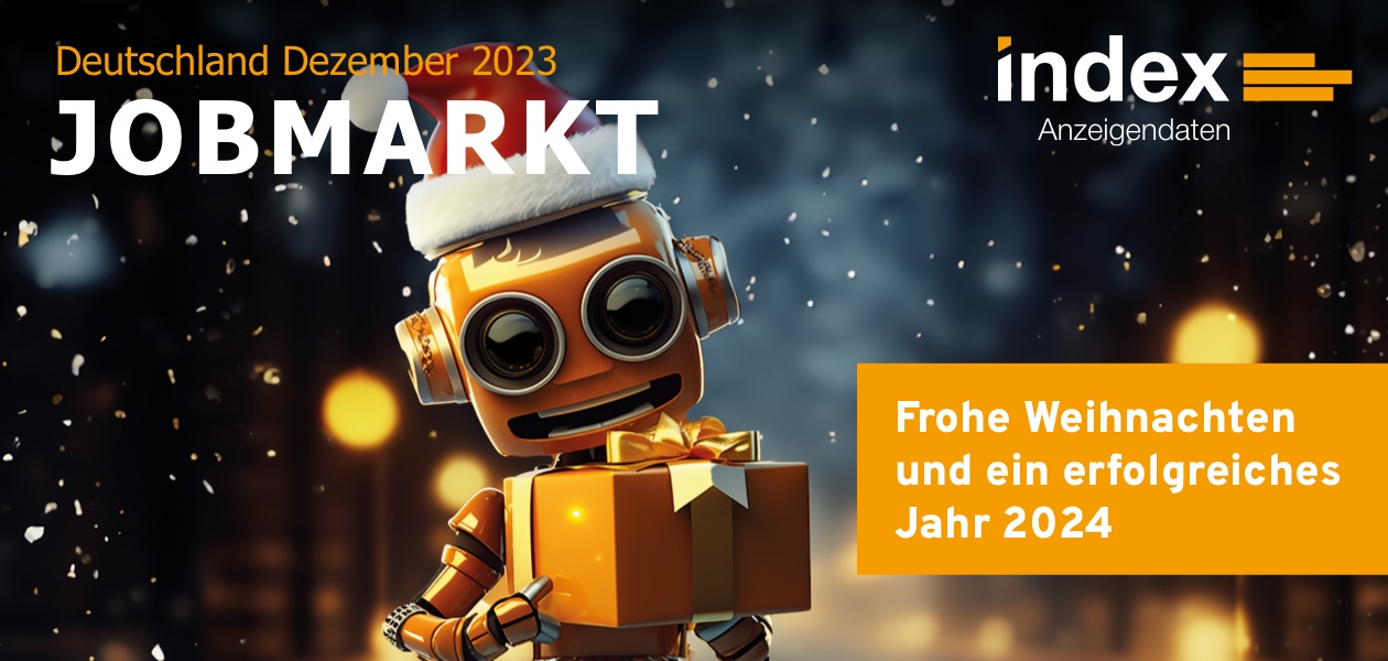 Header Jobmarkt Newsletter Dezember 2023 mit der Aufschrift Frohe Weihnachten und ein erfolgreiches Jahr 2024 und einem Roboter mit Weihnachtsmütze und Geschenk in der Hand.