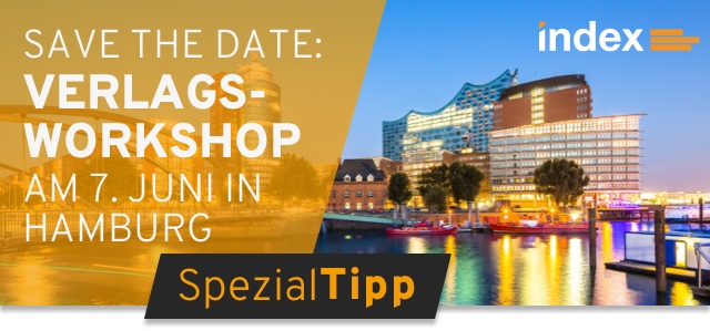 Header Grafik Spezialtipp Newsletter Januar 2024 mit Aufschrift Save the Date: Verlagsworkshop am 7. Juni in Hamburg und Hotel Hafen Hamburg im Hintergrund