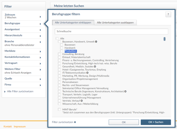 DE-Blueline Screenshot zur neuen Unterberufsgruppe "Produktion" in der Berufsgruppe "Bauwesen, Handwerk, Umwelt" in index Anzeigendaten
