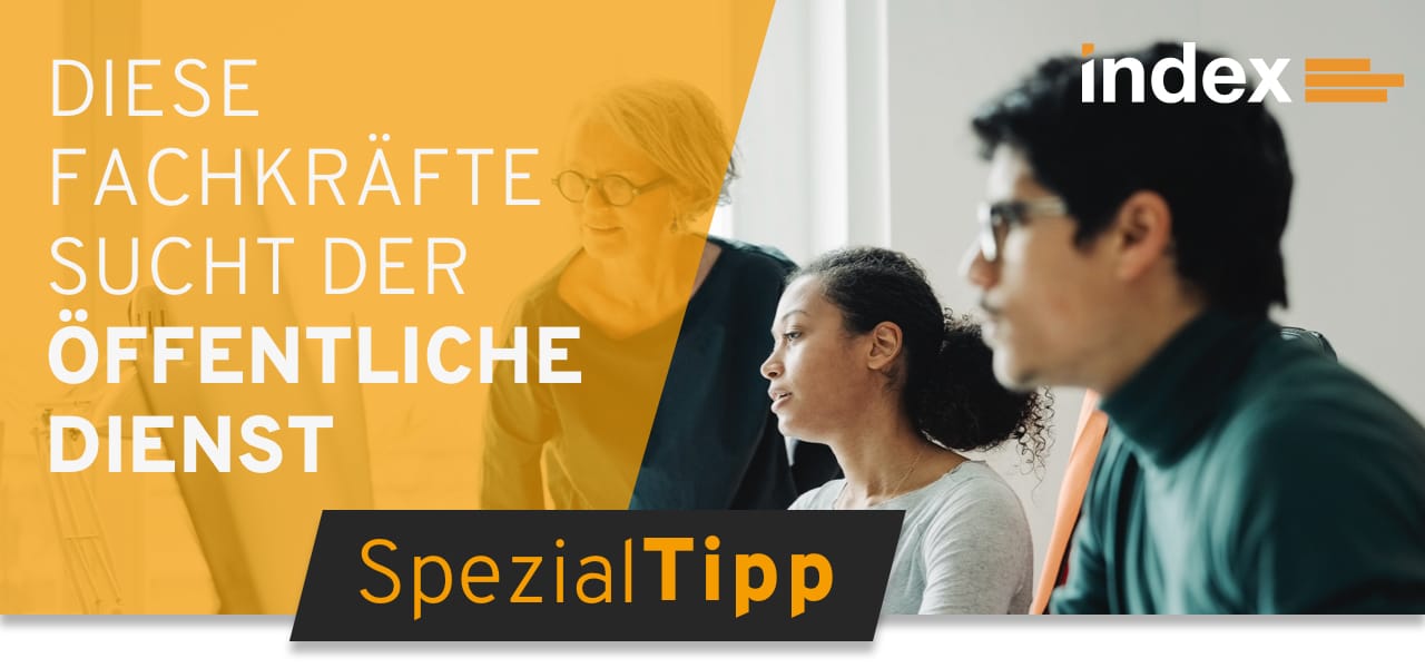 Header Spezialtipp Newsletter Februar 2024 von index Anzeigendaten mit Aufschrift "Diese Fachkräfte sucht der öffentliche Dienst" sowie zwei Frauen und ein Mann im Hintergrund