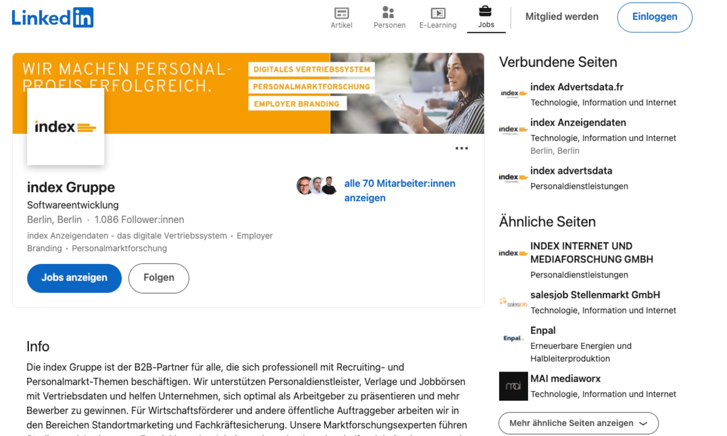 index LinkedIn-Unternehmensseite Beispiel Screenshot einer LinkedIn-Unternehmensseite der index Gruppe mit Informationen über das Unternehmen