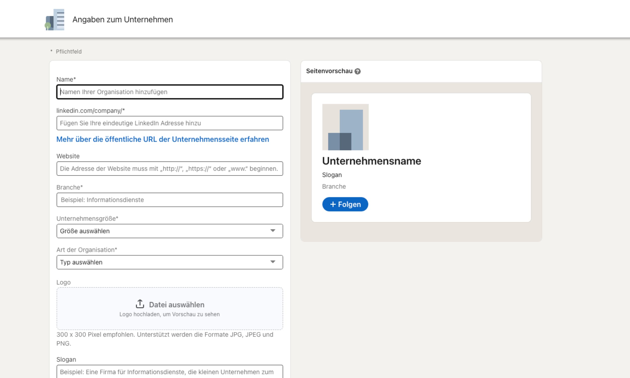 LinkedIn-Unternehmensseite Informationseingabe Screenshot der Bearbeitungsseite für eine LinkedIn Unternehmensseite, auf der Felder zum Ausfüllen von Unternehmensinformationen wie Name, LinkedIn oder URL zu sehen sind