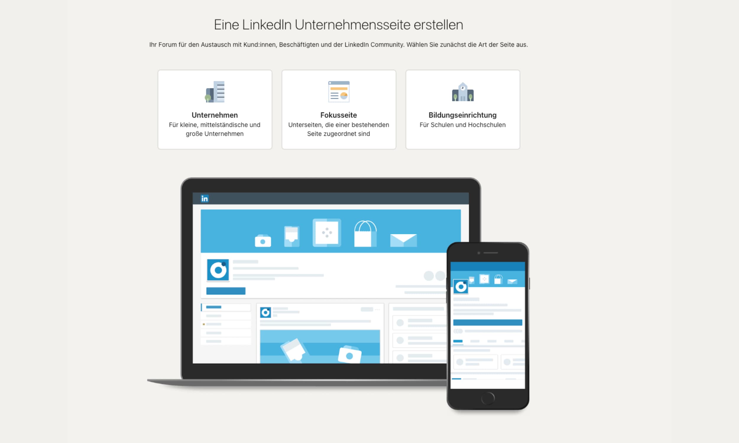 LinkedIn-Unternehmensseite Typenauswahl Screenshot mit drei Auswahlmöglichkeiten für die Erstellung einer LinkedIn-Unternehmensseite Unternehmen, Fokusseite und Bildungseinrichtung
