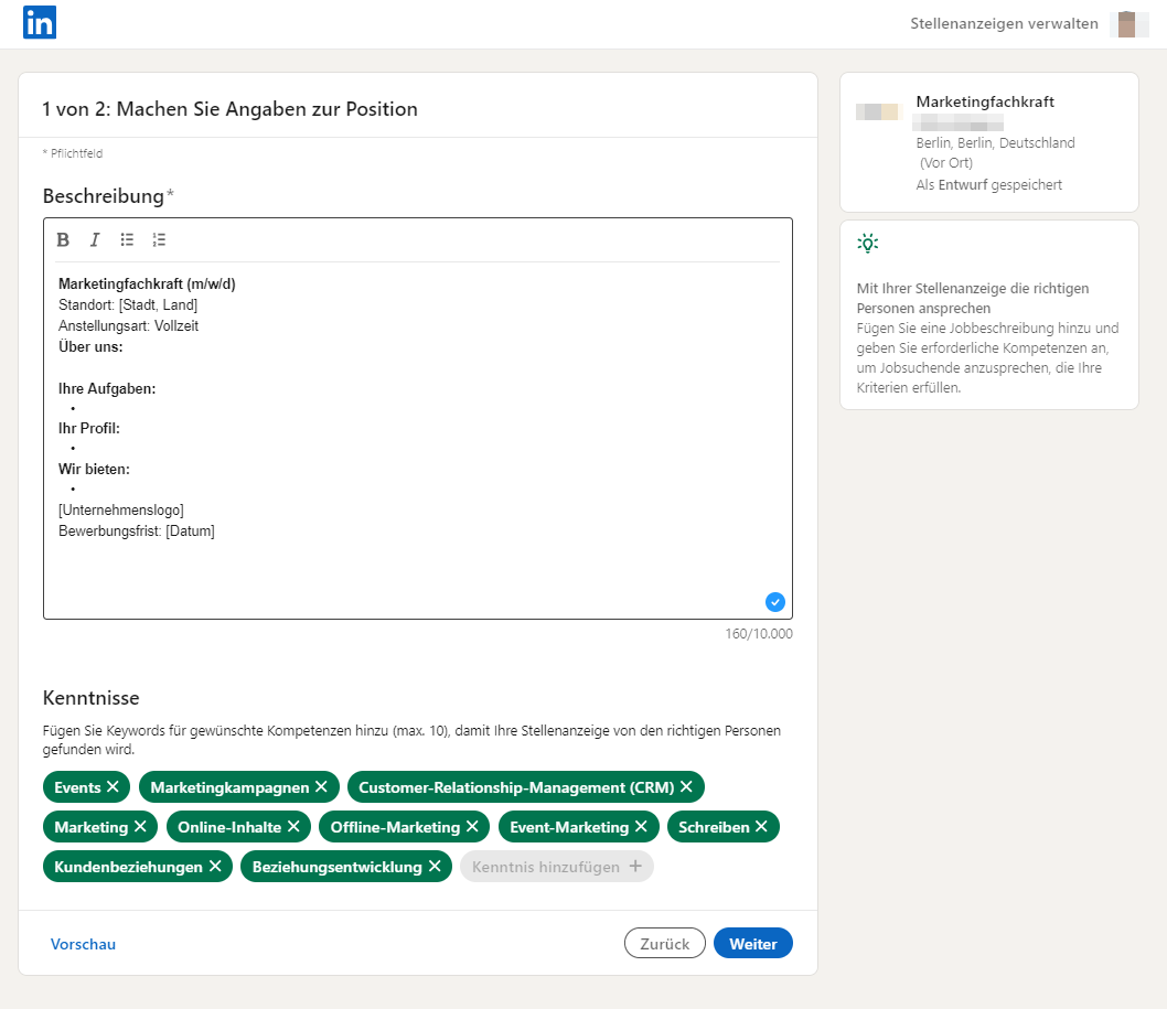 Screenshot Angaben Stellenausschreibung Bearbeitungsbildschirm für eine Stellenbeschreibung auf LinkedIn mit Textfeldern für die Beschreibung der Position