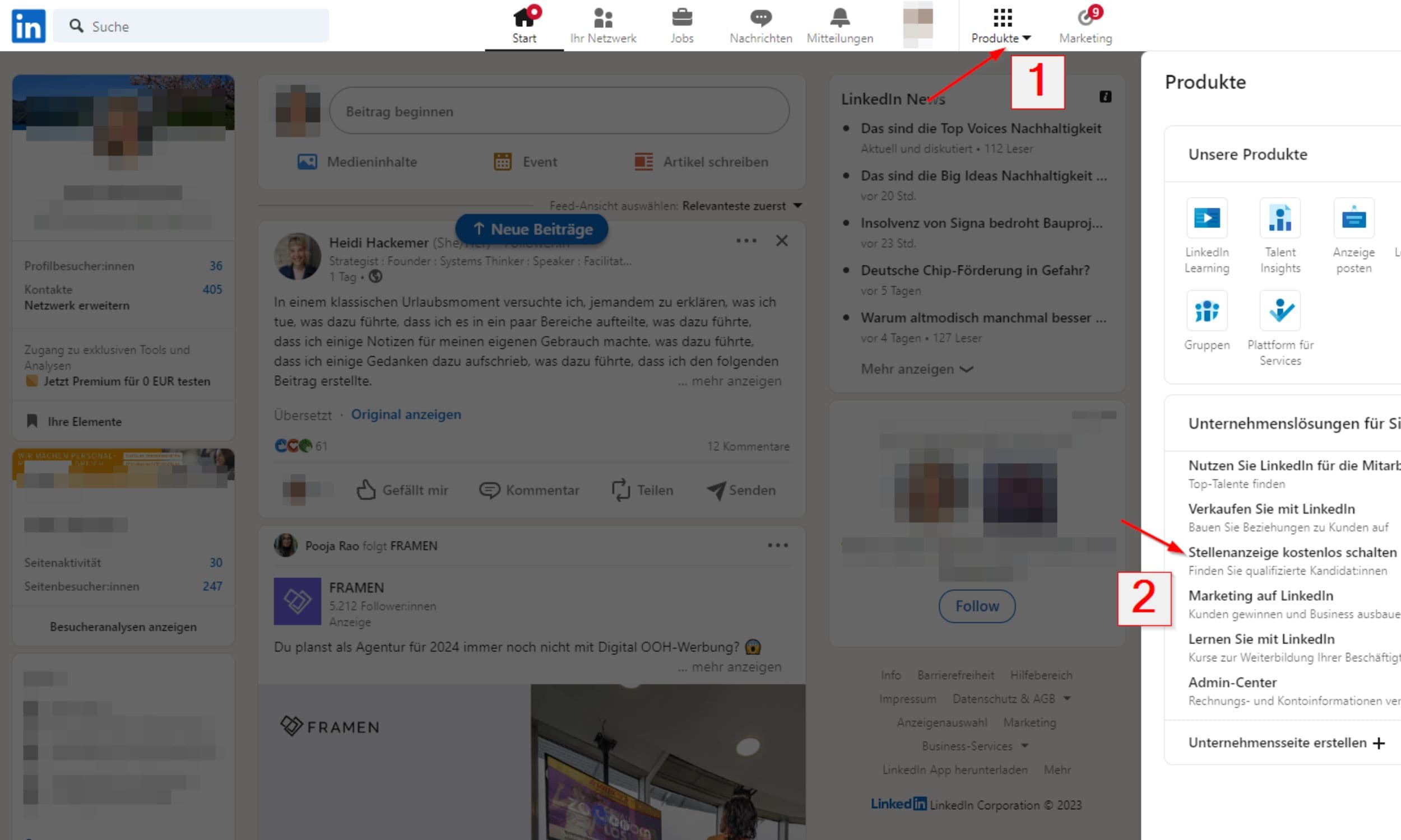 screenshot-kostenlose-anzeige-erstellen Screenshot von LinkedIn mit hervorgehobenen Bereichen für Produkte und das kostenlose Schalten von Stellenanzeigen