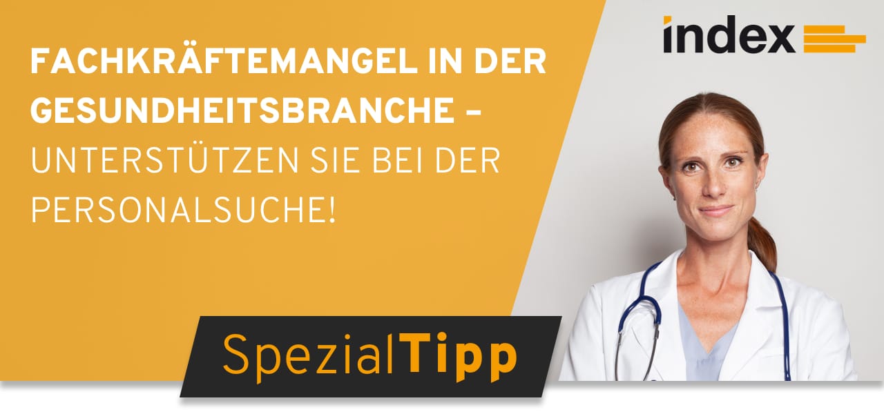 Header des Spezialtipps-Newsletters Juni 2024 mit der Aufschrift "Fachkräftemangel in der Gesundheitsbranche - Unterstützen Sie bei der Personalsuche" mit index-Logo und Frau mit weißem Kittel und Stethoskop um den Hals