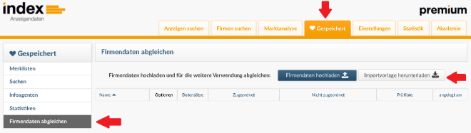 screenshot-1-1-firmendaten-abgleichen-mit-pfeile Firmendatenabglich in index Anzeigendaten über den Reiter "Gespeichert" und den Menüpunkt "Firmendaten abgleichen"