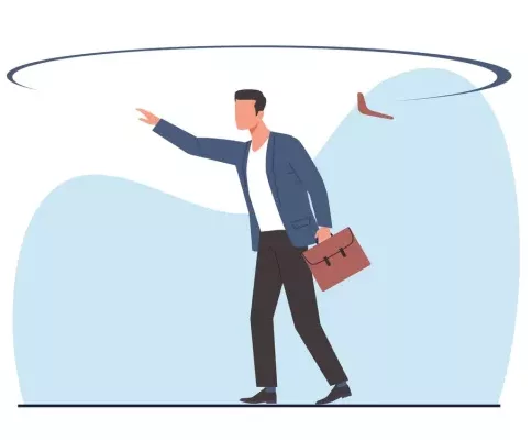 Ein Mann mit einem Aktenkoffer wirft einen Boomerang, der symbolisch für das Rehiring steht.