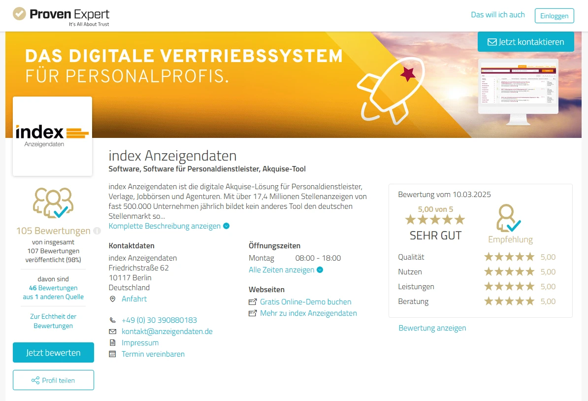 index Anzeigendaten - Digitales Vertriebssystem für Personalprofis mit KI-gestützter Akquise-Software und Zugriff auf 17,4 Millionen Stellenanzeigen.