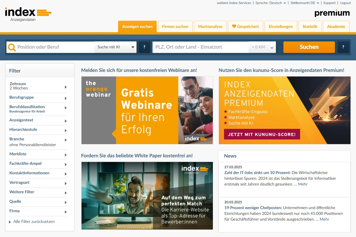 index Anzeigendaten Dashboard mit KI-Suche, Marktanalyse-Tools und Filtern für Berufsgruppen, Branchen und Fachkräfte-Ampel zur Optimierung der Personalsuche.