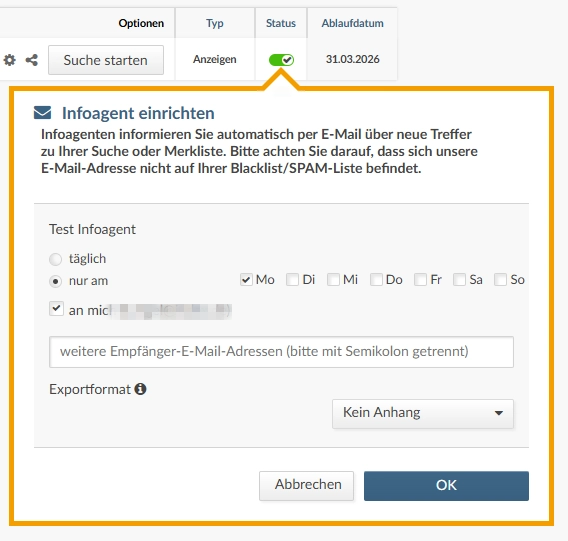 Infoagenten-Dialog aus Software für Personaldienstleister zur automatischen E-Mail-Benachrichtigung bei neuen Suchtreffern, inklusive Einstellungsmöglichkeiten für Versandtage, Empfänger und Exportformat.