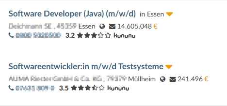 Screenshot von zwei Stellenanzeigen mit Kununu-Bewertung, Gehaltsangabe, Telefonnummer und Standort für Softwareentwickler in Essen und Müllheim.