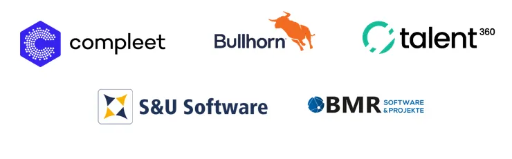 Logos führender Anbieter von Software für Personalvermittler, darunter zvoove, compleet, S&U Software, Bullhorn, BMR Software und talent360.