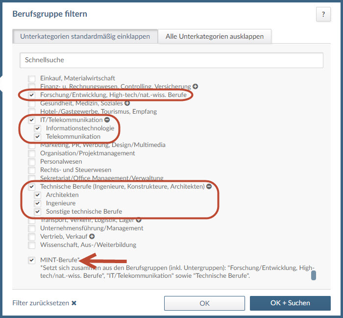 index Anzeigendaten: Berufsgruppen filtern
