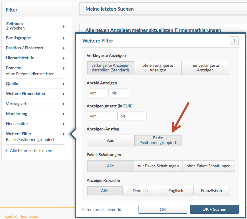 index Anzeigendaten. weitere Filter